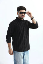 Xkind Men's Black Corduroy Suede Striped Slim Fit Shirt | Grocsy