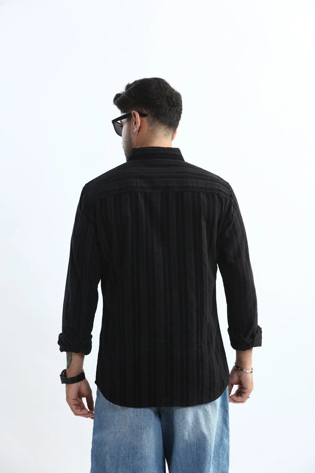 Xkind Men's Black Corduroy Suede Striped Slim Fit Shirt | Grocsy