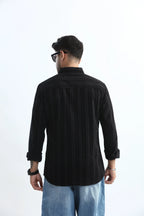Xkind Men's Black Corduroy Suede Striped Slim Fit Shirt | Grocsy