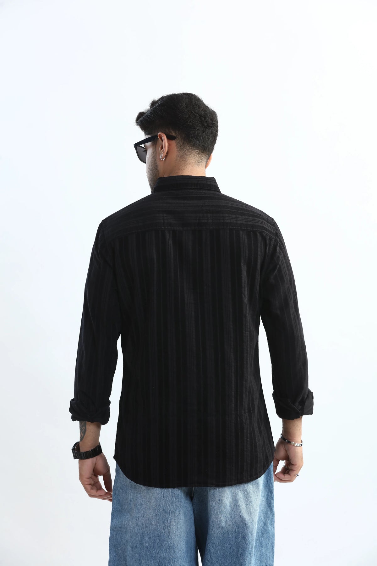 Xkind Men's Black Corduroy Suede Striped Slim Fit Shirt | Grocsy