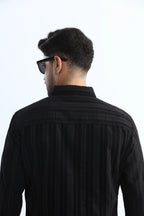 Xkind Men's Black Corduroy Suede Striped Slim Fit Shirt | Grocsy