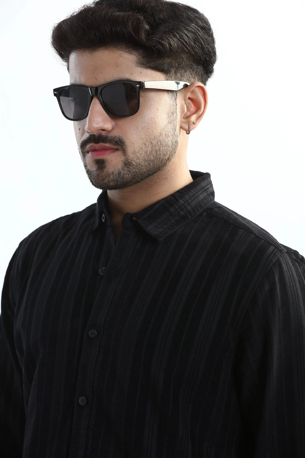 Xkind Men's Black Corduroy Suede Striped Slim Fit Shirt | Grocsy