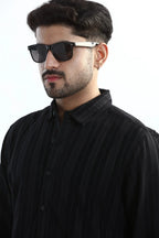 Xkind Men's Black Corduroy Suede Striped Slim Fit Shirt | Grocsy