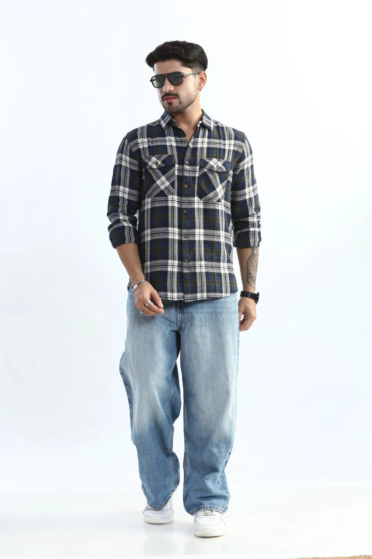 Xkind Men's Navy Blue Textured Checks Regular Fit Shirt | Grocsy