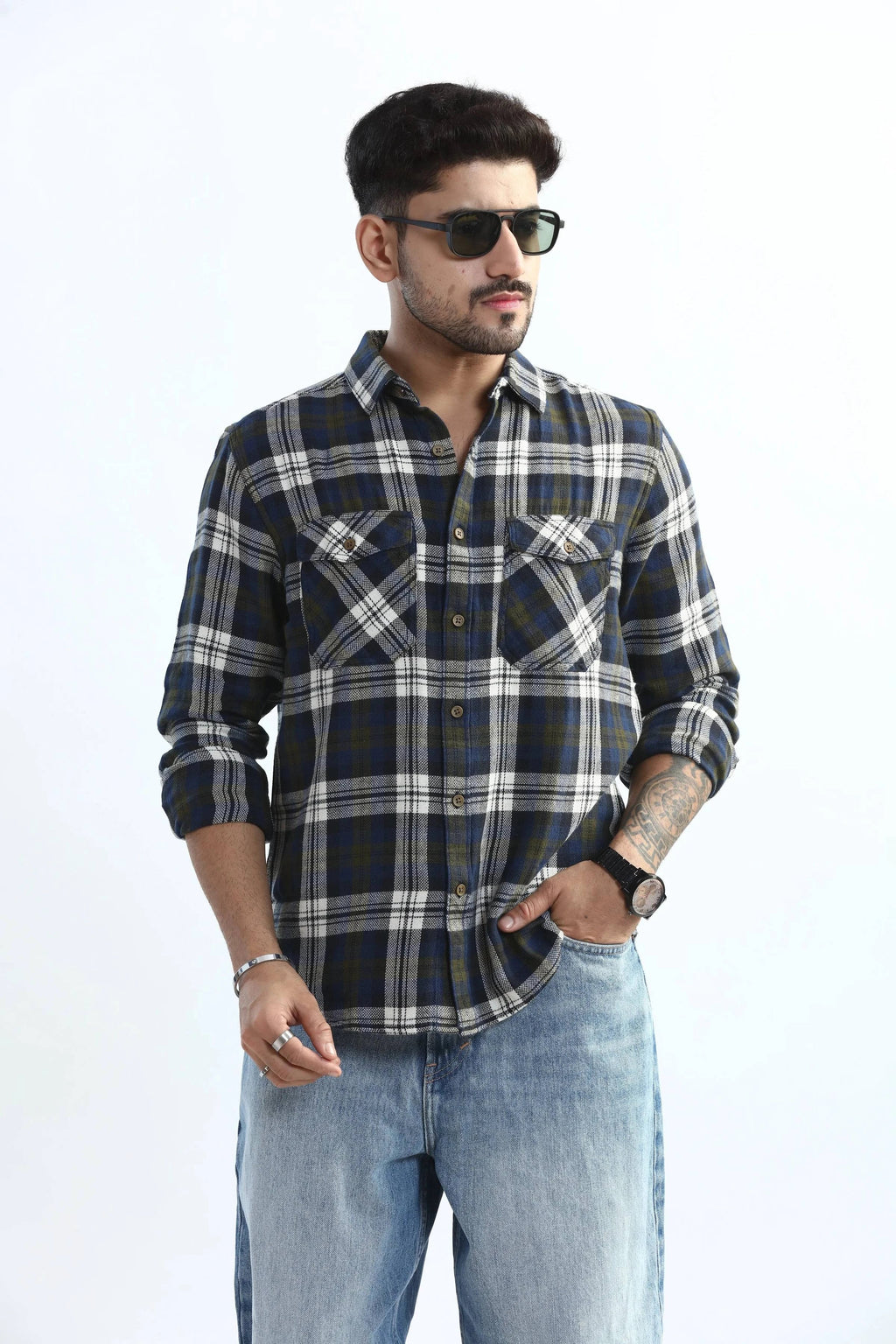 Xkind Men's Navy Blue Textured Checks Regular Fit Shirt | Grocsy