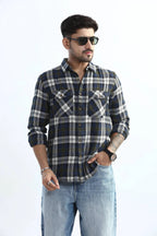 Xkind Men's Navy Blue Textured Checks Regular Fit Shirt | Grocsy