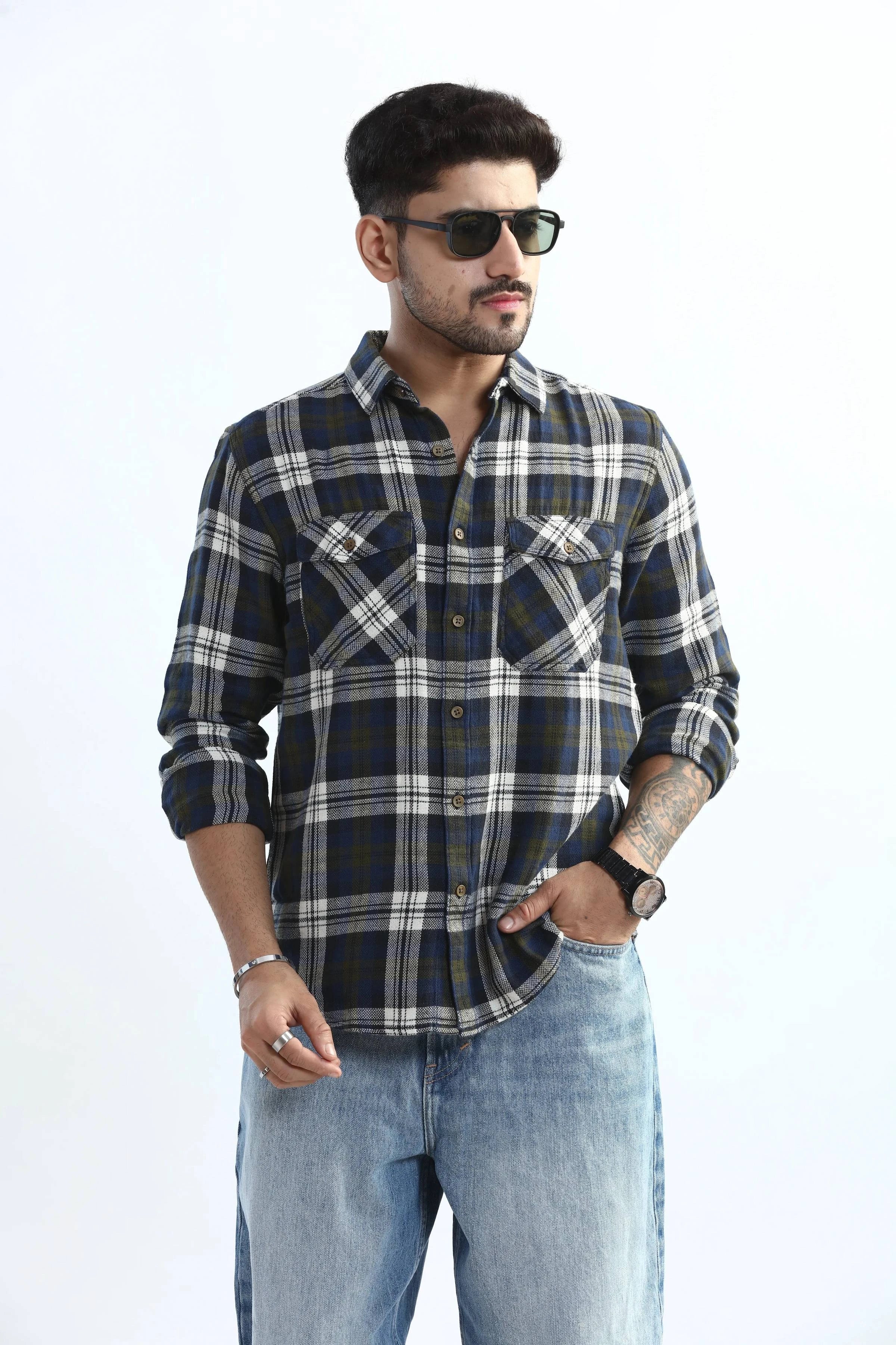 Xkind Men's Navy Blue Textured Checks Regular Fit Shirt | Grocsy