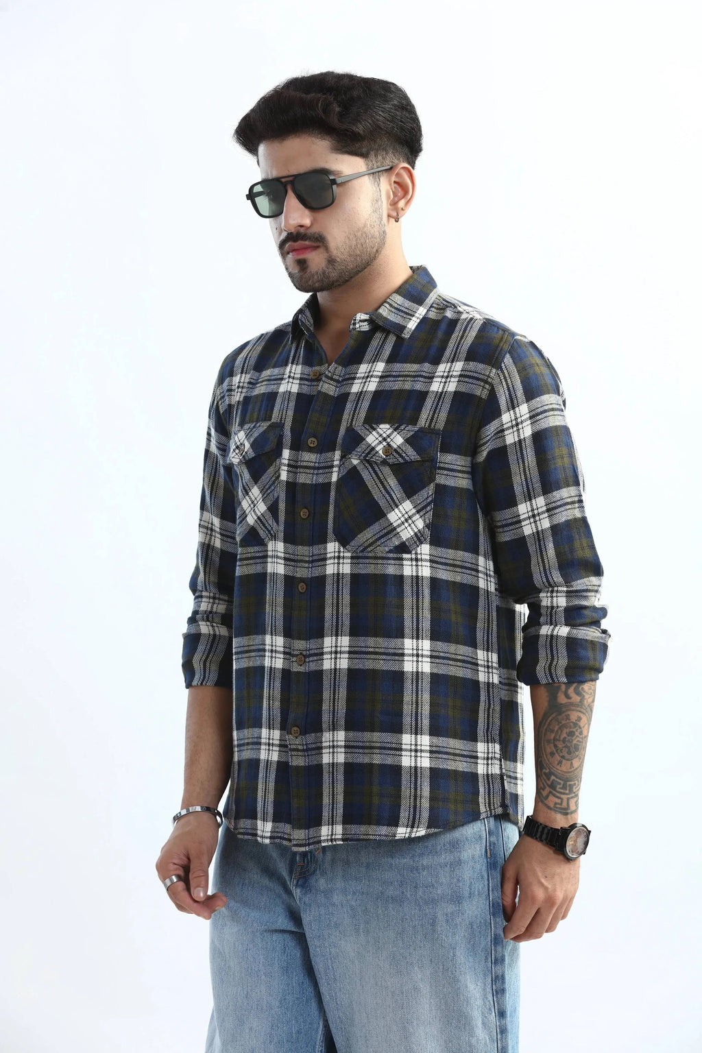 Xkind Men's Navy Blue Textured Checks Regular Fit Shirt | Grocsy