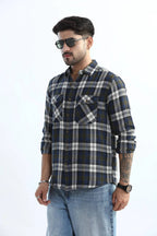 Xkind Men's Navy Blue Textured Checks Regular Fit Shirt | Grocsy