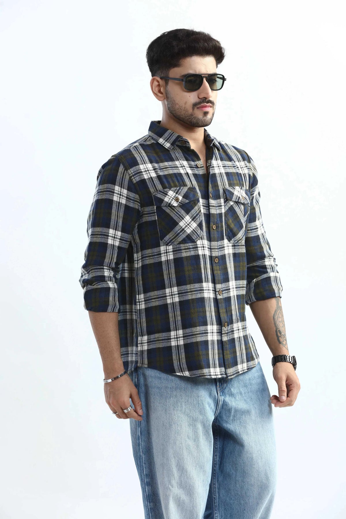 Xkind Men's Navy Blue Textured Checks Regular Fit Shirt | Grocsy