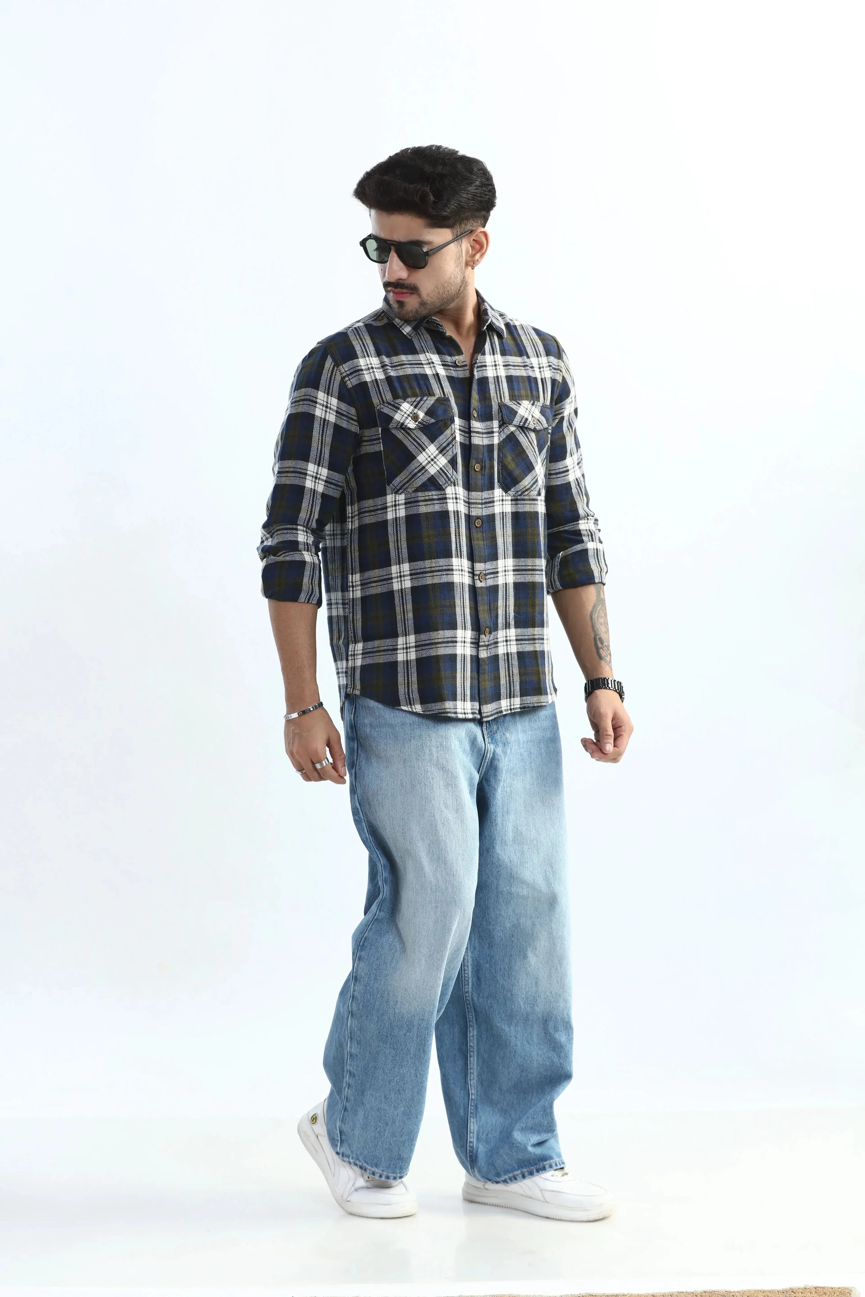 Xkind Men's Navy Blue Textured Checks Regular Fit Shirt | Grocsy