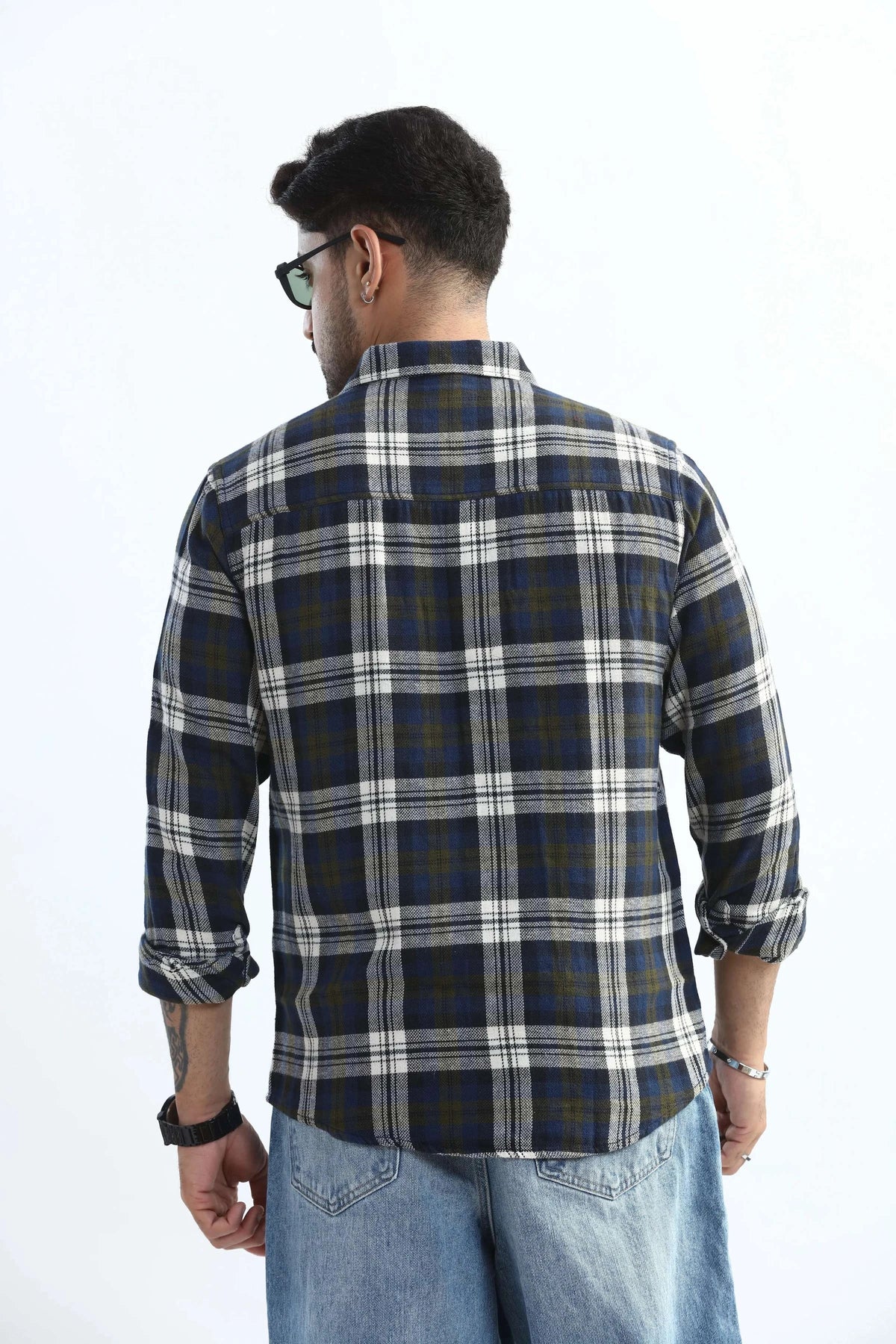 Xkind Men's Navy Blue Textured Checks Regular Fit Shirt | Grocsy