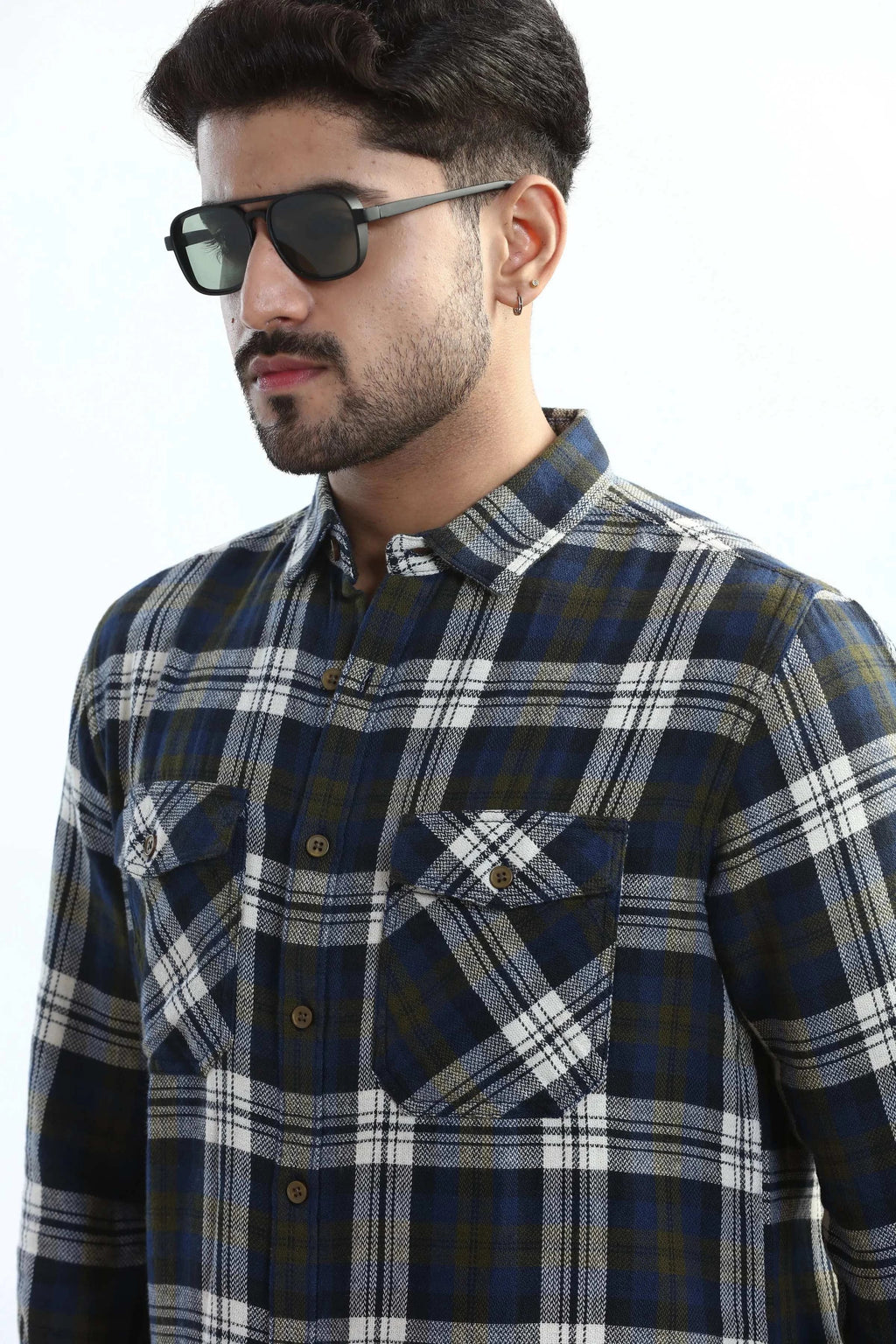 Xkind Men's Navy Blue Textured Checks Regular Fit Shirt | Grocsy