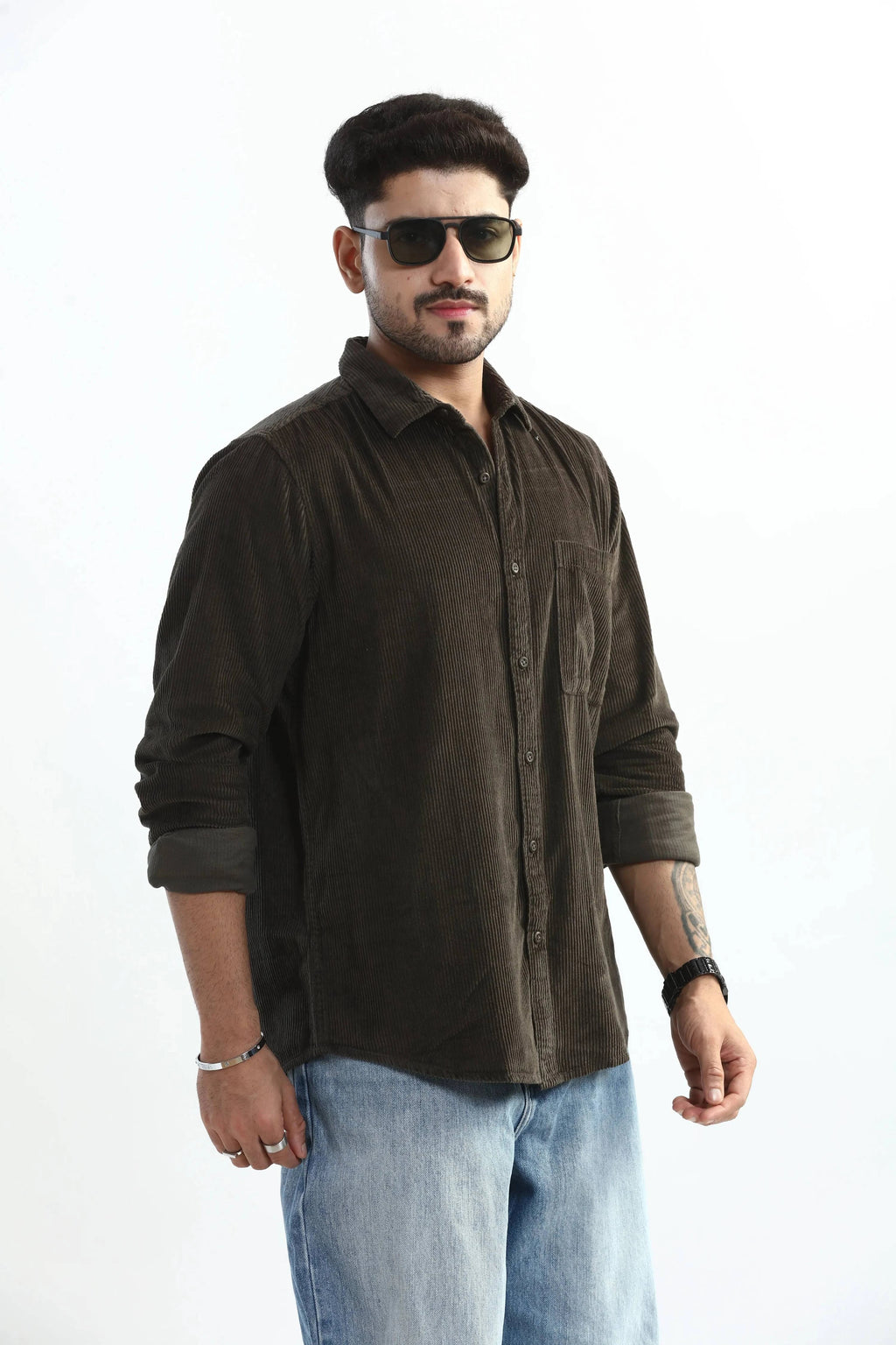 Xkind Men's Dark Grey Corduroy Regular Fit Shirt | Grocsy