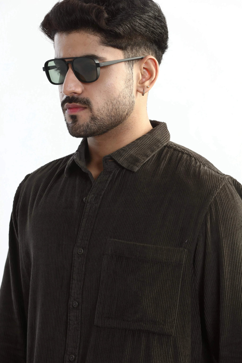 Xkind Men's Dark Grey Corduroy Regular Fit Shirt | Grocsy