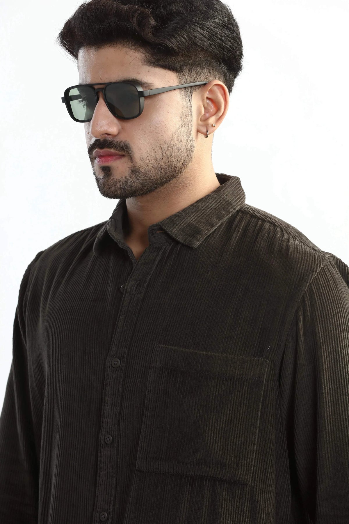 Xkind Men's Dark Grey Corduroy Regular Fit Shirt | Grocsy