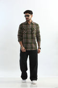 Xkind Mens'S Olive Green Textured Checks Regular Fit Shirt | Grocsy
