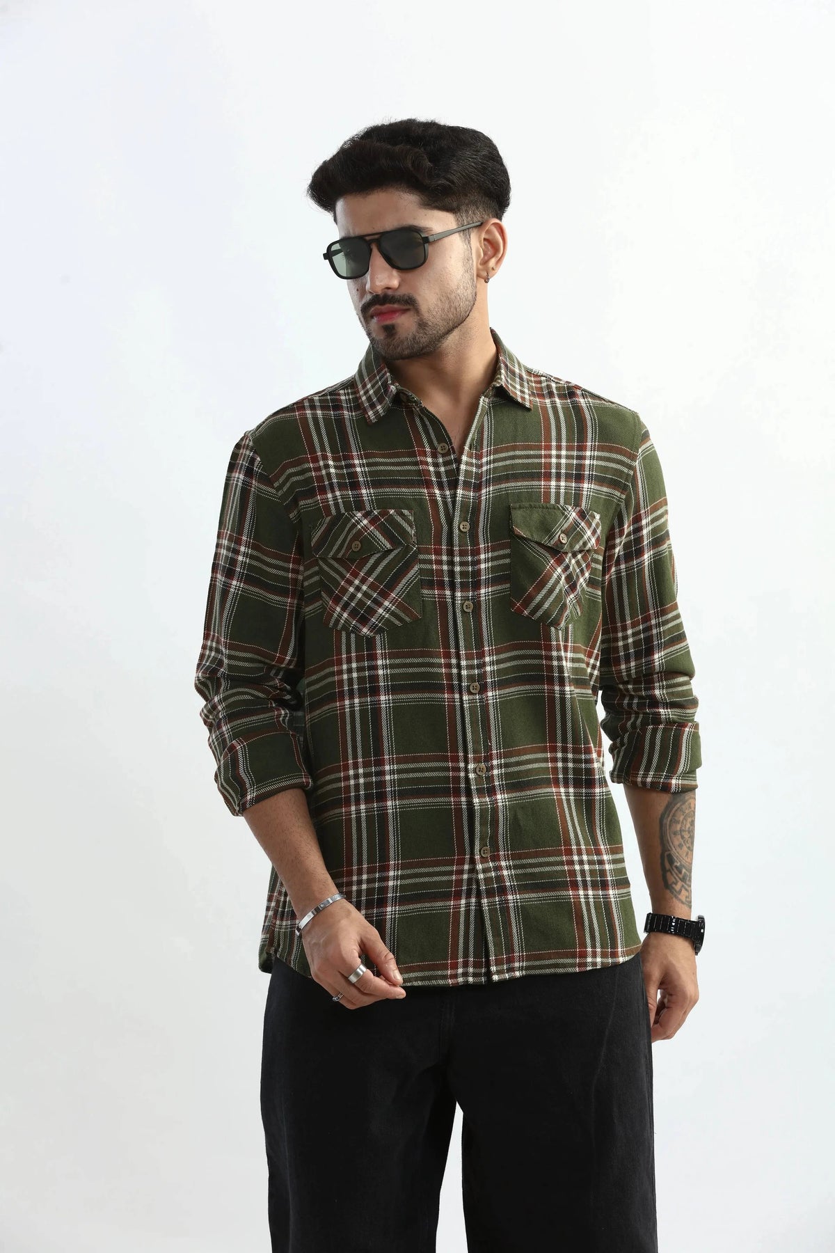 Xkind Mens'S Olive Green Textured Checks Regular Fit Shirt | Grocsy
