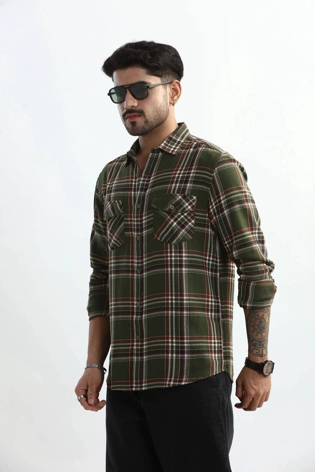 Xkind Mens'S Olive Green Textured Checks Regular Fit Shirt | Grocsy