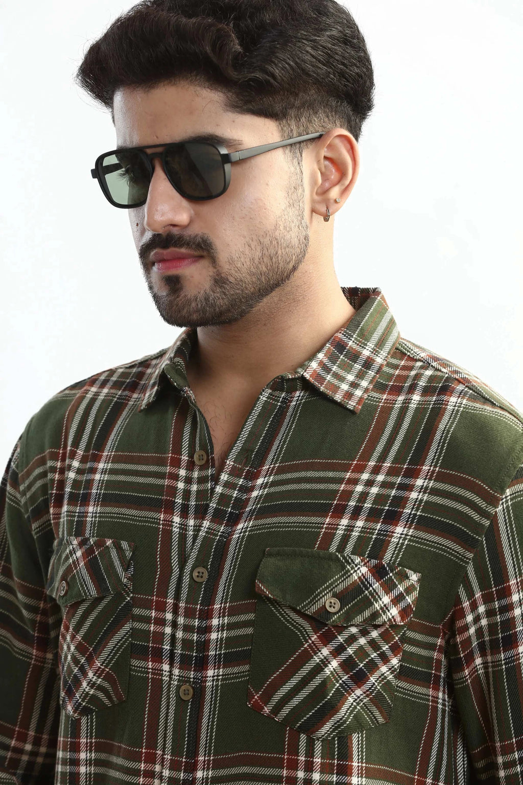 Xkind Mens'S Olive Green Textured Checks Regular Fit Shirt | Grocsy