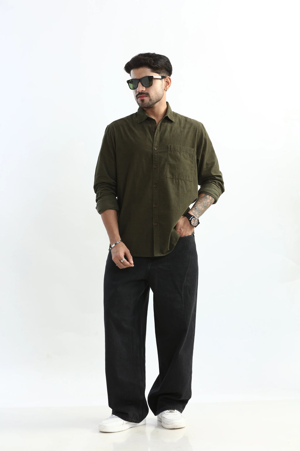 Xkind Olive Green Fine Cord Shirt | Grocsy