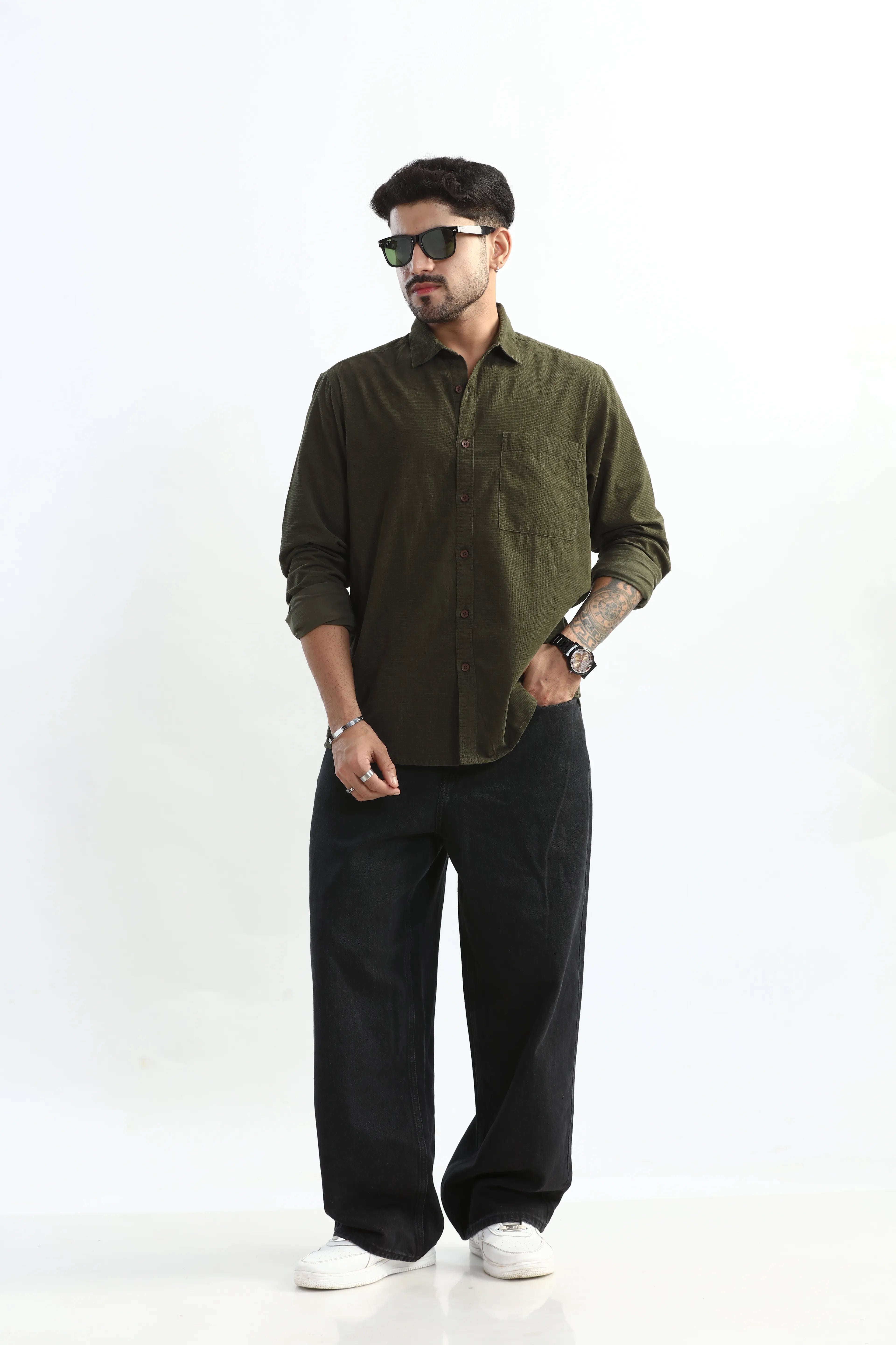 Xkind Olive Green Fine Cord Shirt | Grocsy