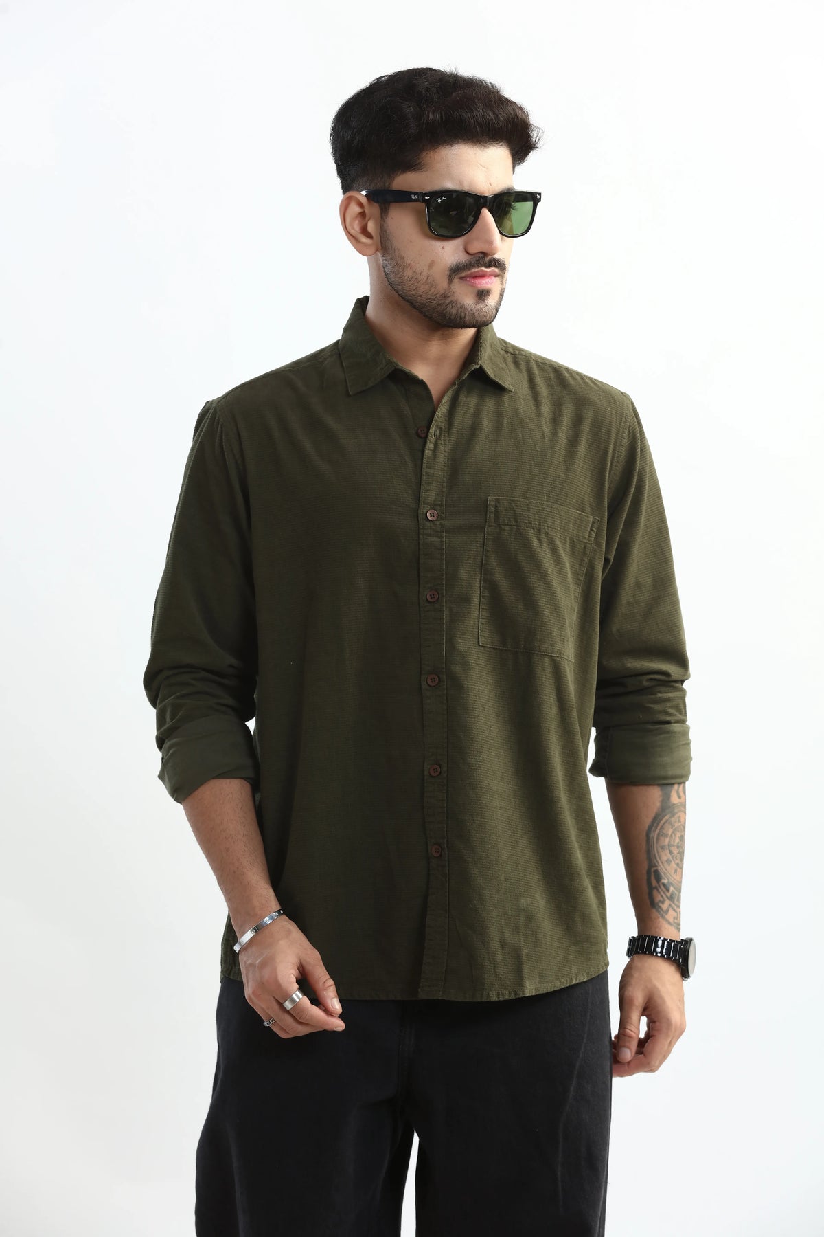 Xkind Olive Green Fine Cord Shirt | Grocsy
