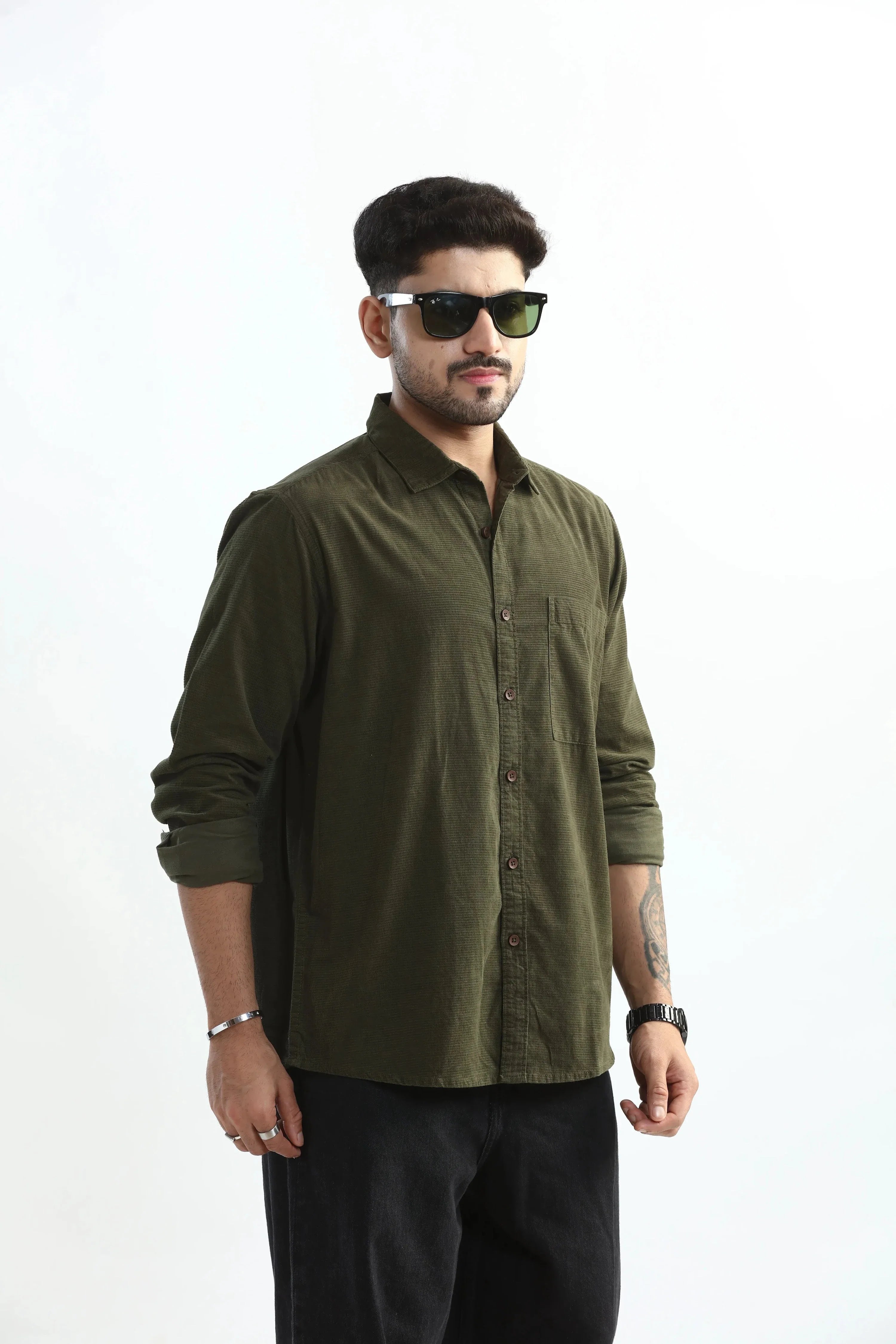 Xkind Olive Green Fine Cord Shirt | Grocsy