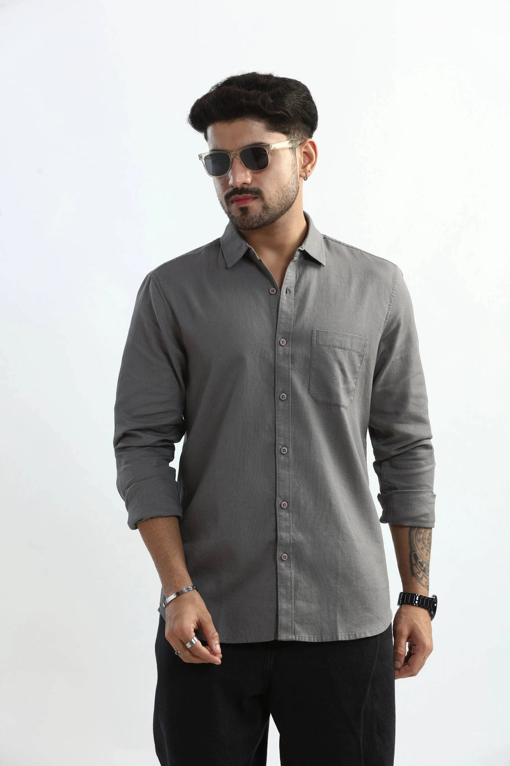 Xkind Light Grey Textured Slim Fit Shirt | Grocsy