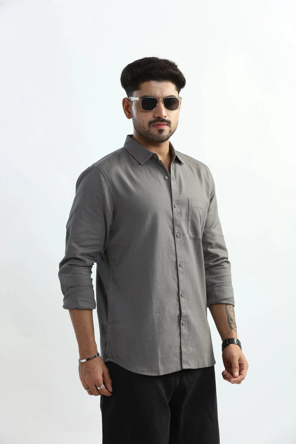 Xkind Light Grey Textured Slim Fit Shirt | Grocsy