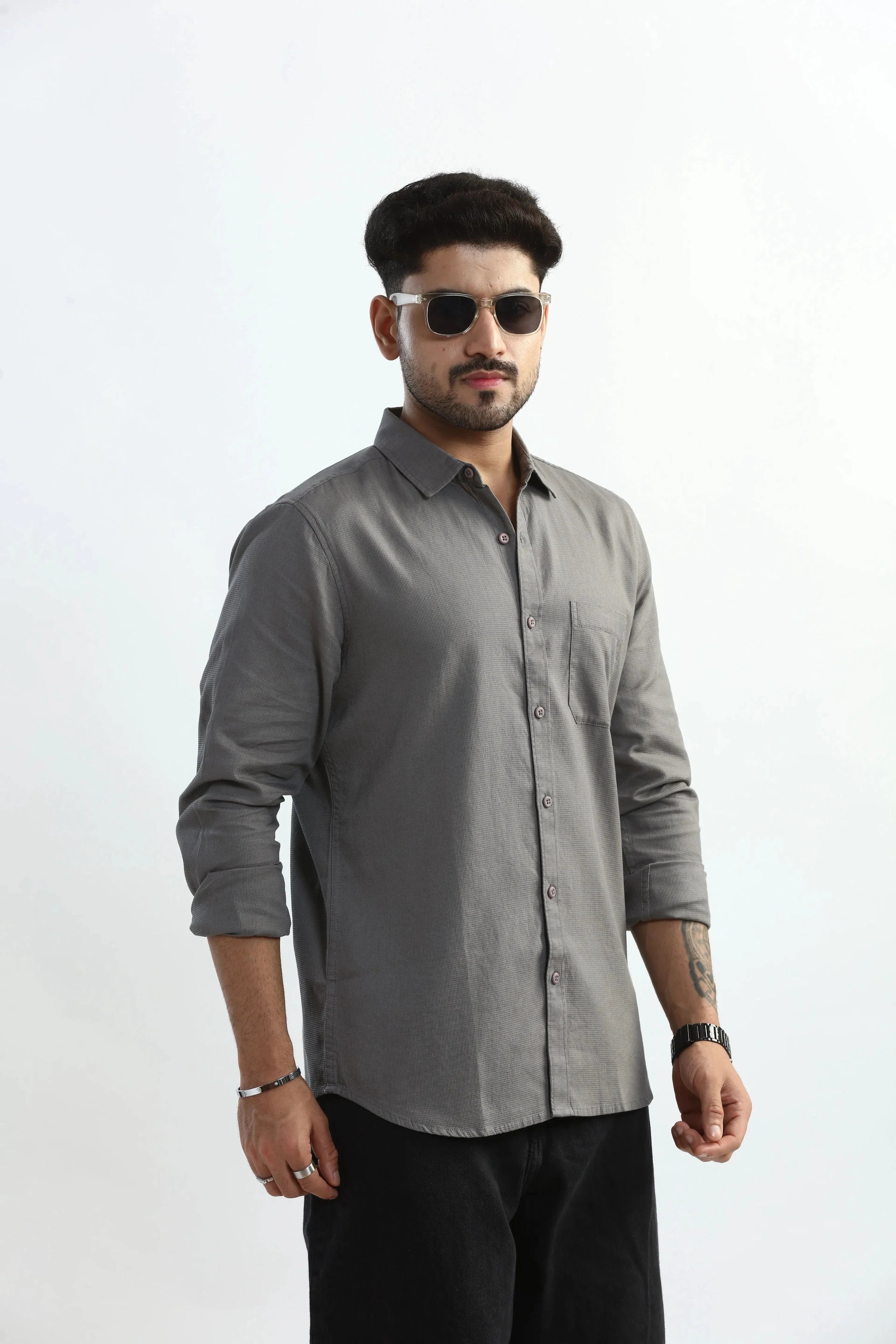 Xkind Light Grey Textured Slim Fit Shirt | Grocsy
