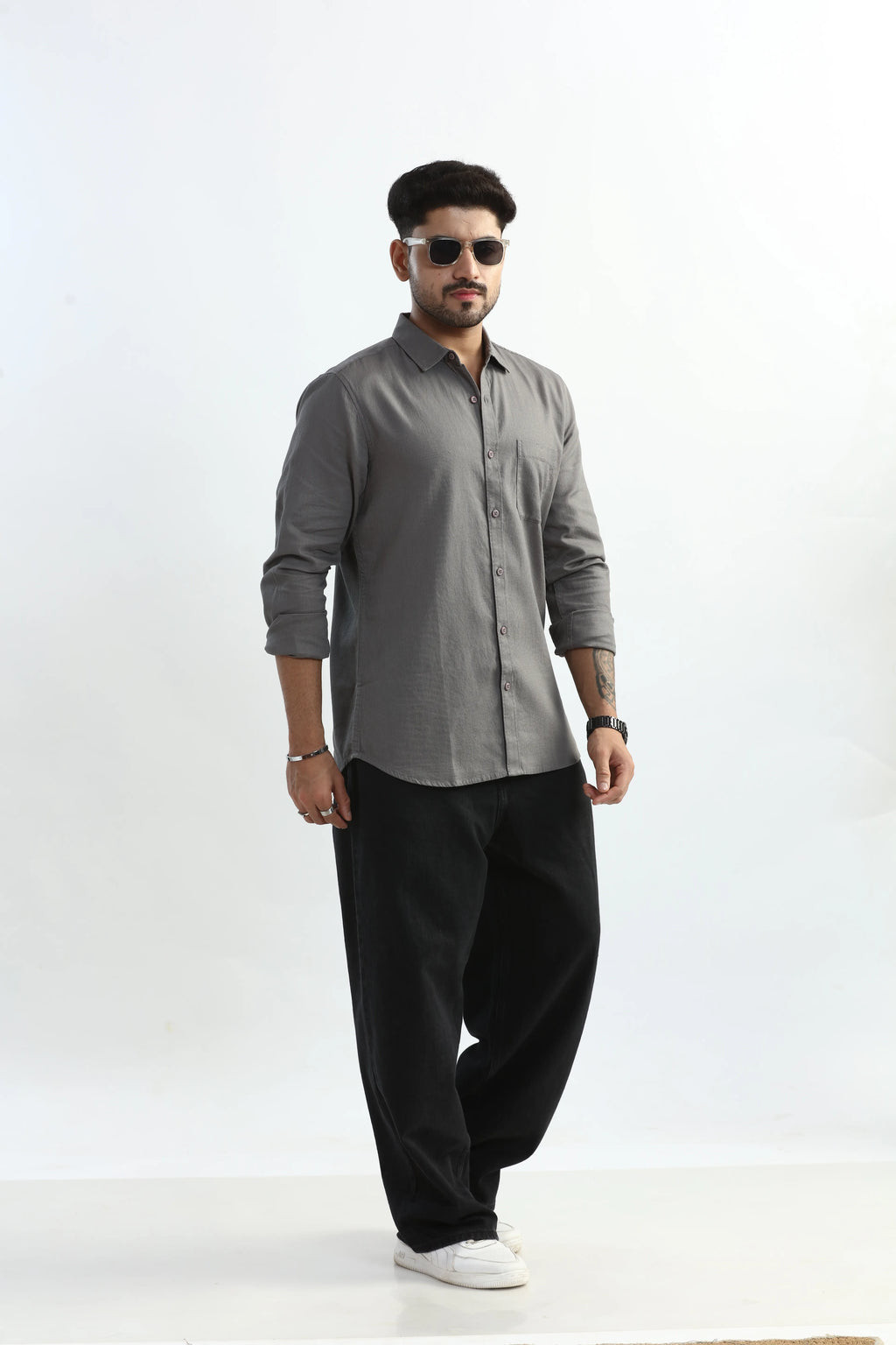 Xkind Light Grey Textured Slim Fit Shirt | Grocsy