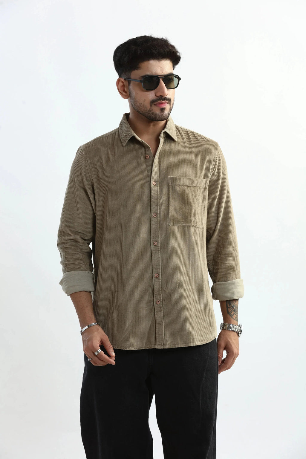 Xkind Men's Beige Corduroy Regular Fit Shirt | Grocsy