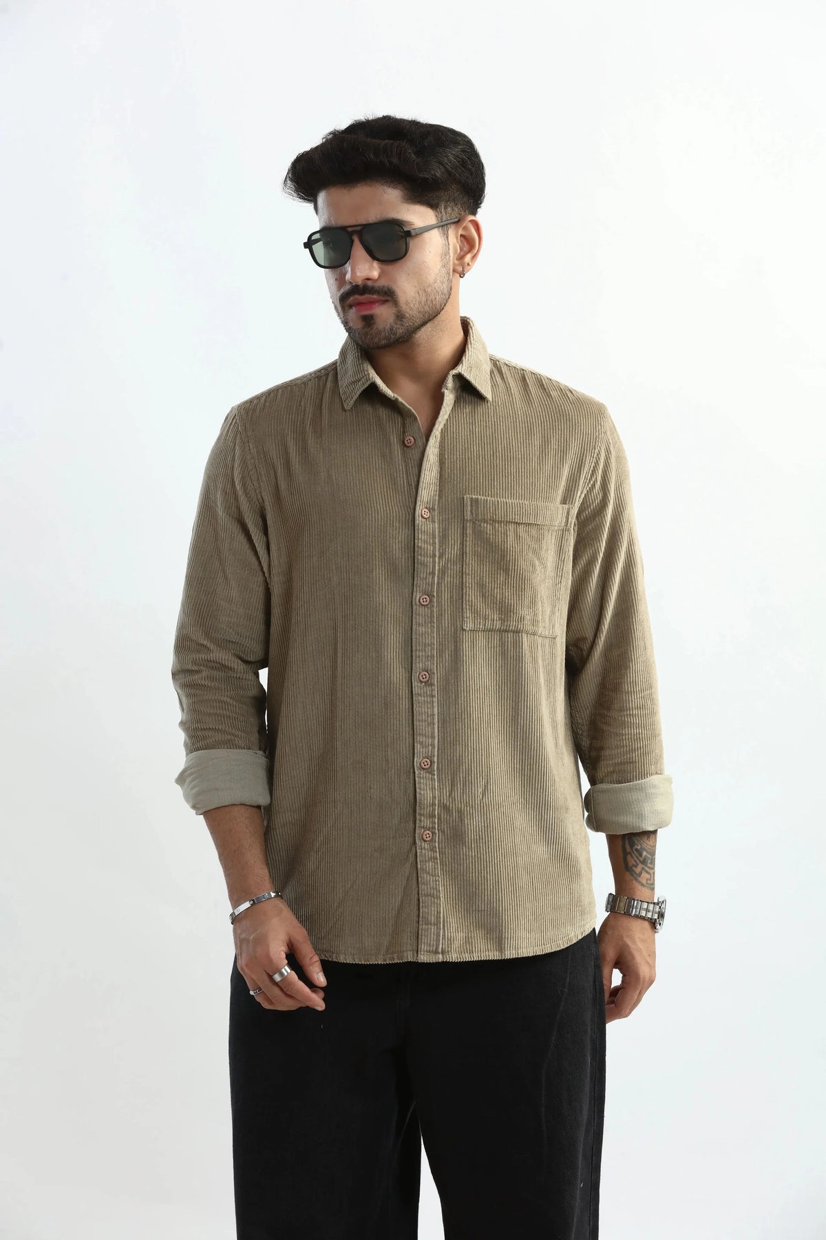 Xkind Men's Beige Corduroy Regular Fit Shirt | Grocsy