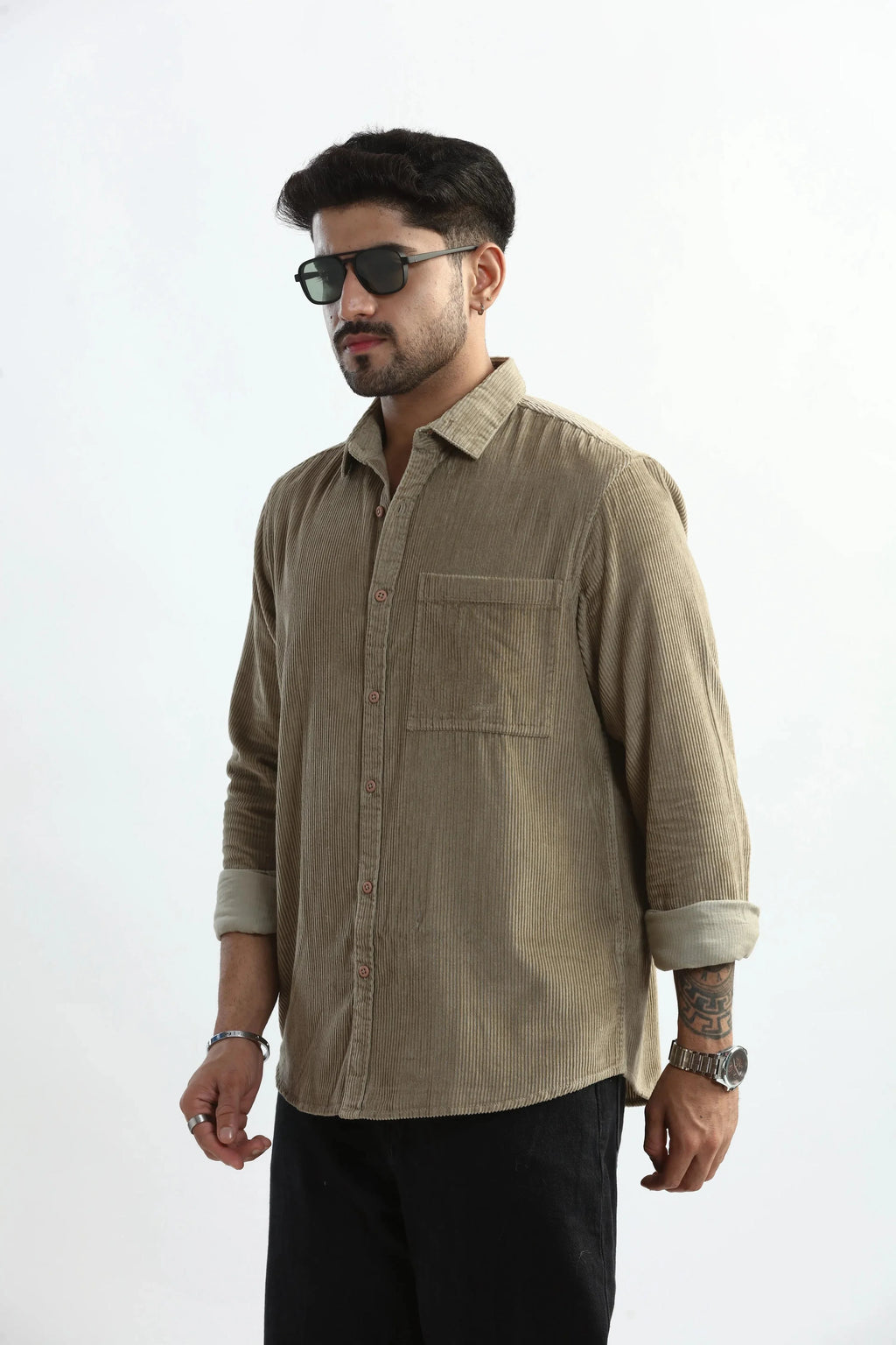 Xkind Men's Beige Corduroy Regular Fit Shirt | Grocsy