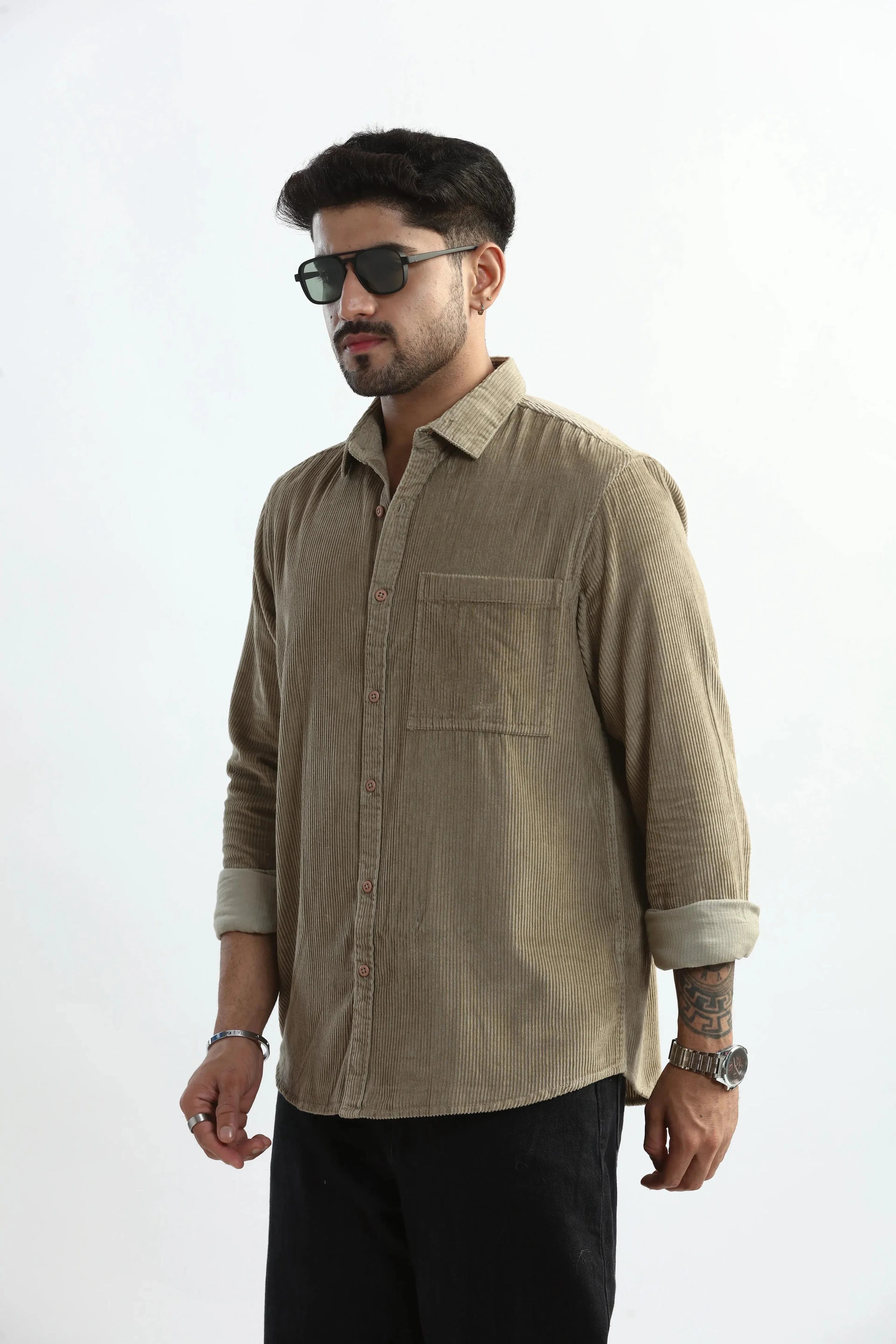 Xkind Men's Beige Corduroy Regular Fit Shirt | Grocsy