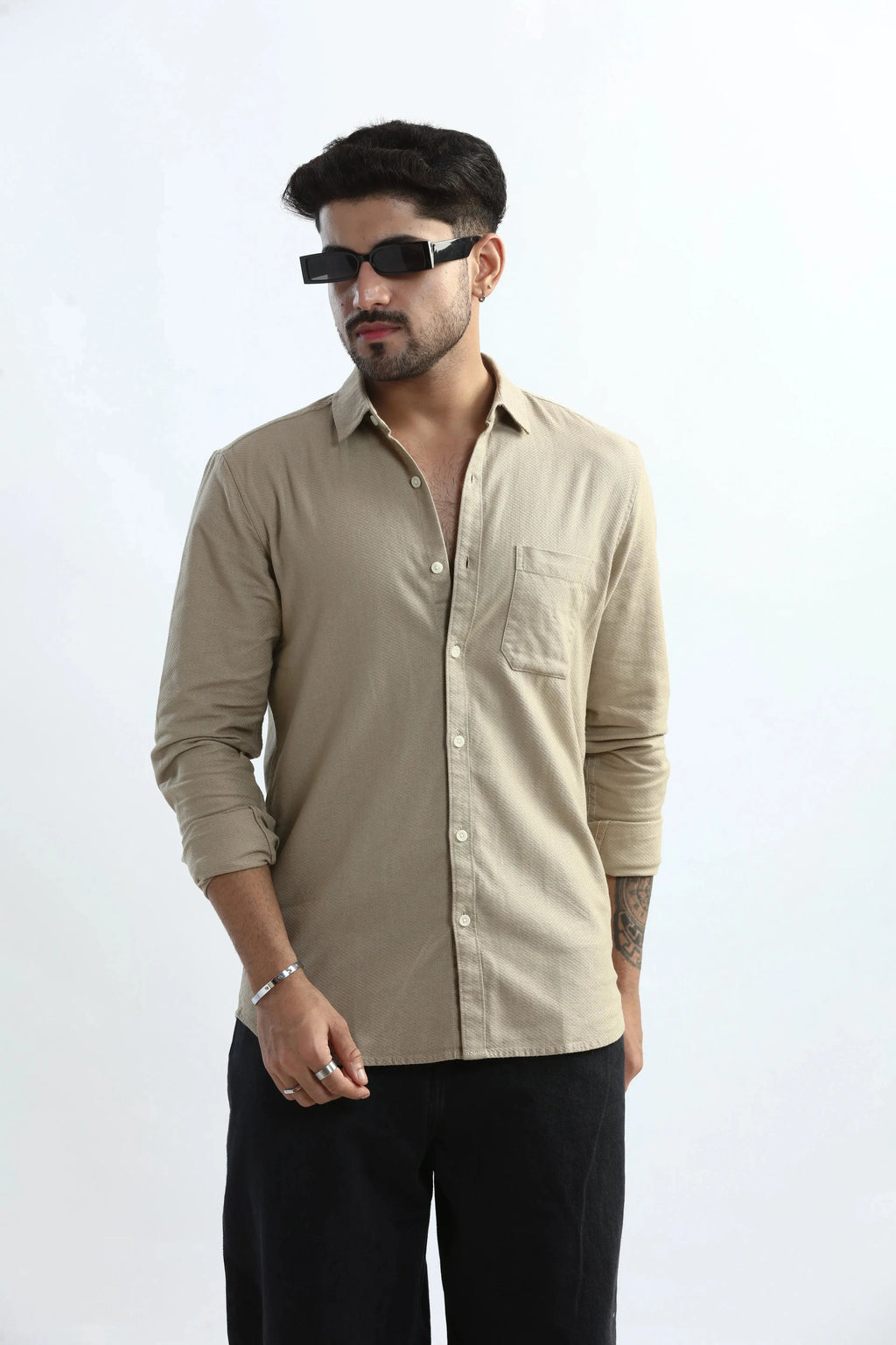 Xkind Men's Beige Textured Slim Fit Shirt | Grocsy