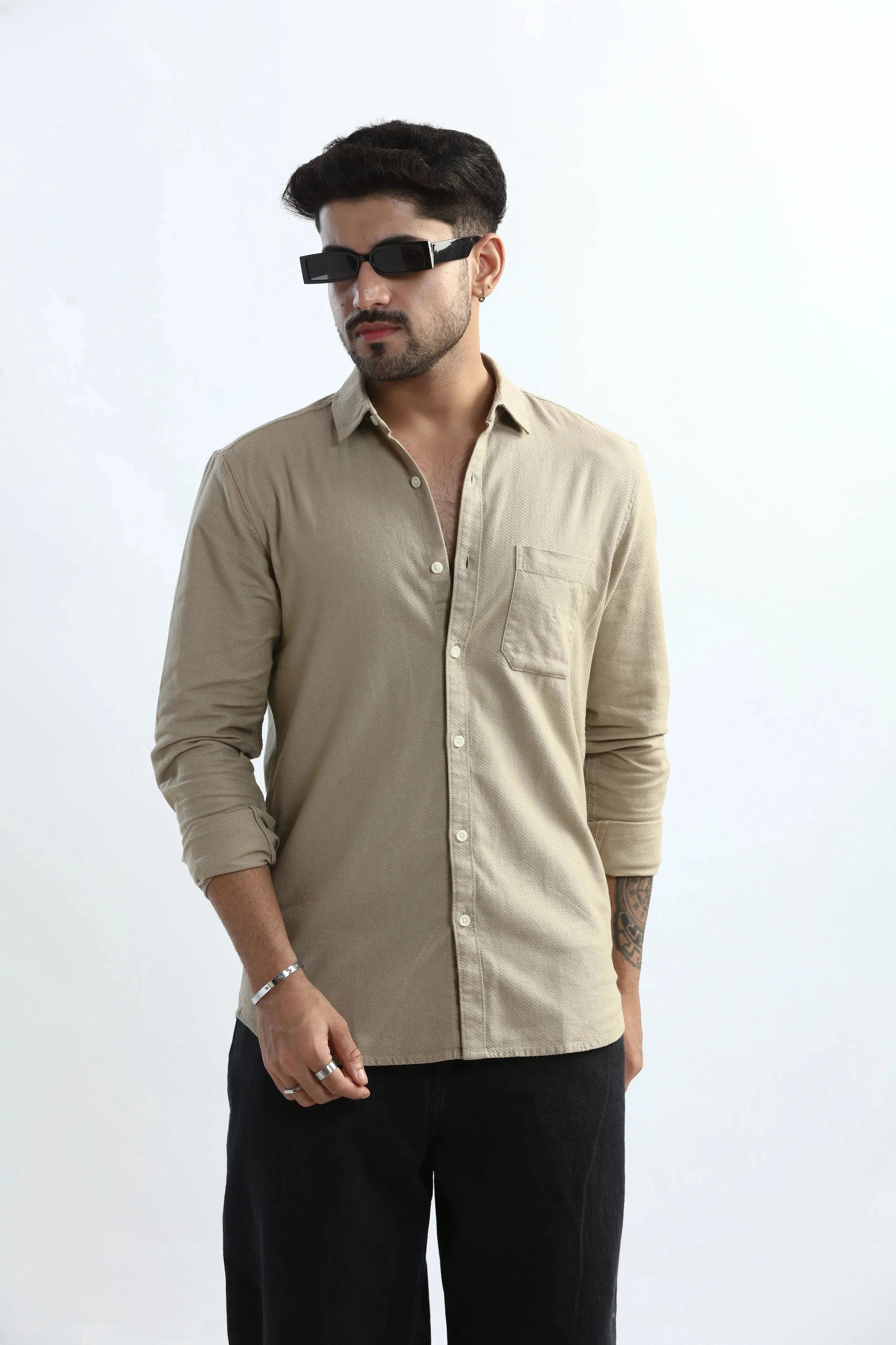 Xkind Men's Beige Textured Slim Fit Shirt | Grocsy