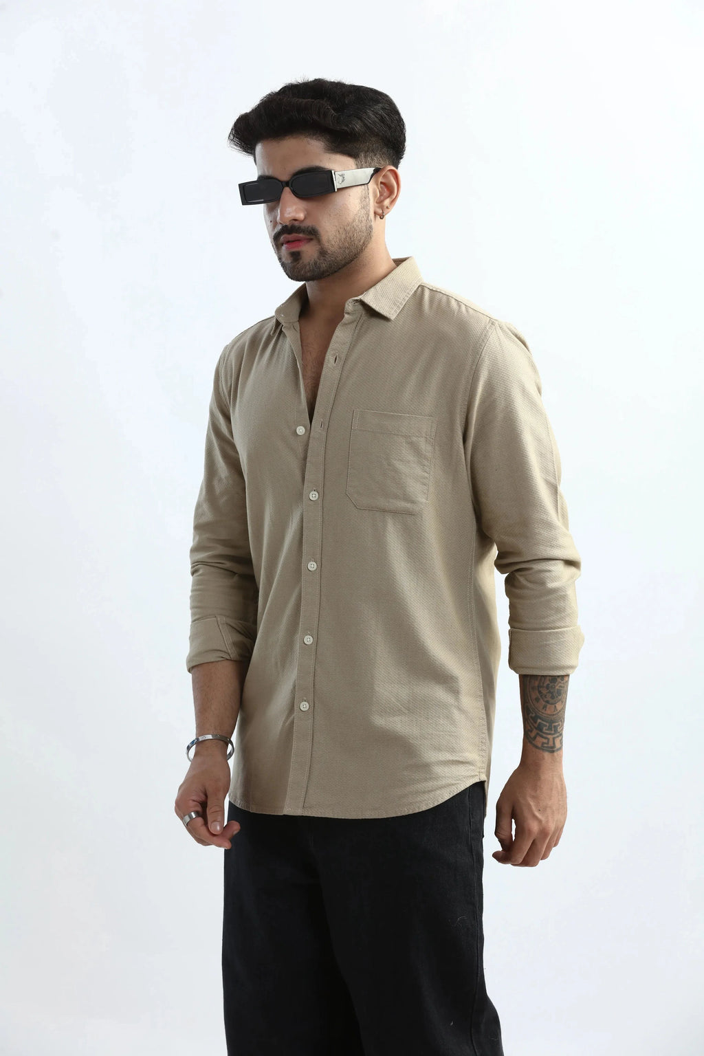 Xkind Men's Beige Textured Slim Fit Shirt | Grocsy