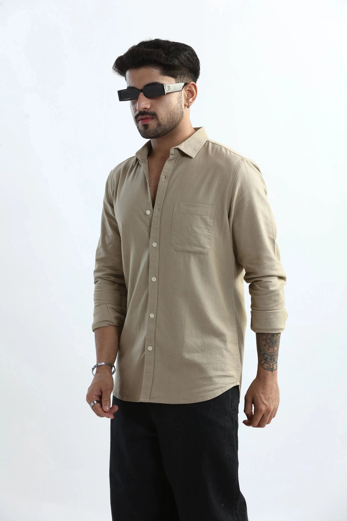 Xkind Men's Beige Textured Slim Fit Shirt | Grocsy