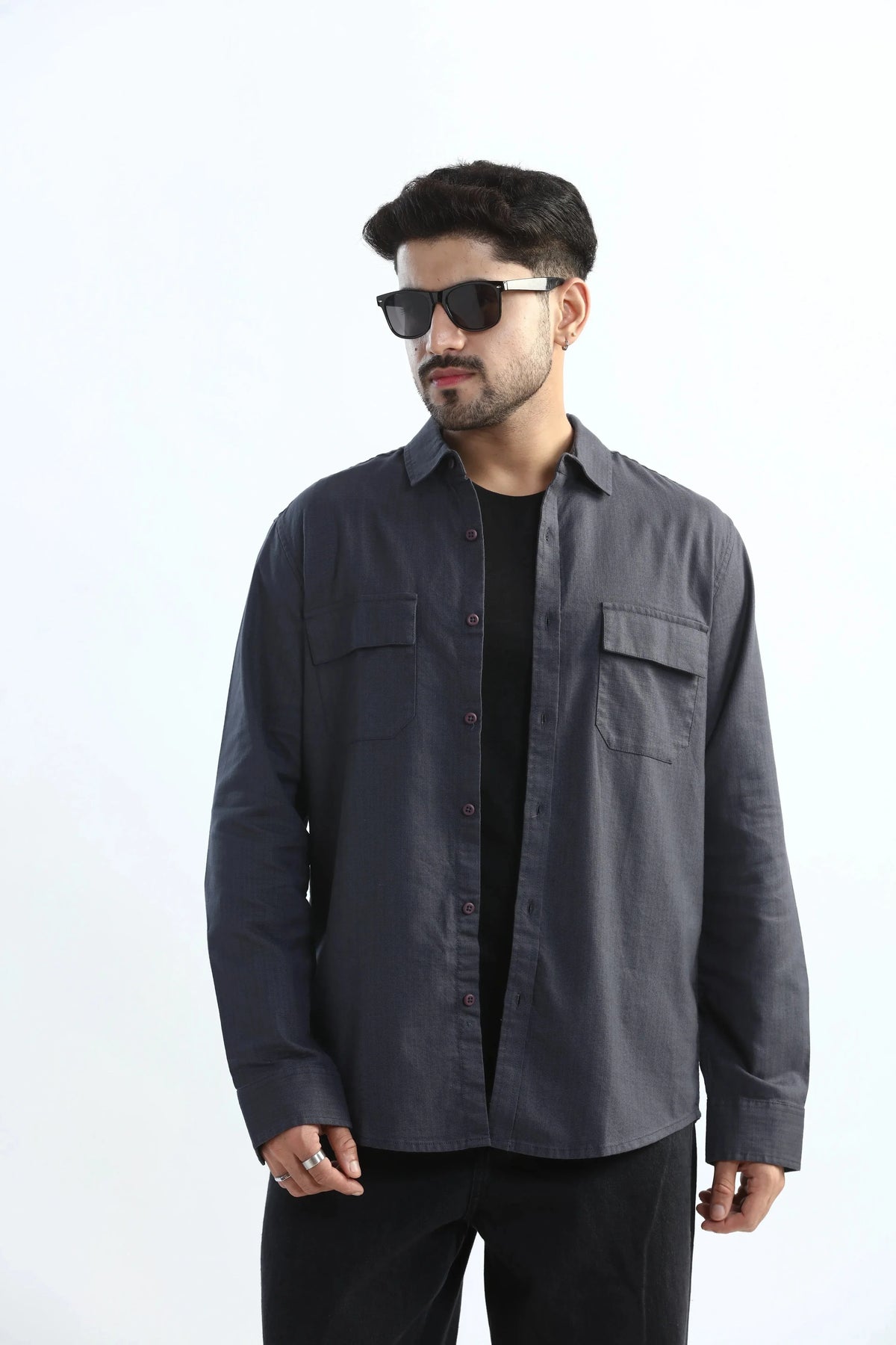Xkind Dark Grey Textured Regular Fit Shirt/ Overshirt | Grocsy