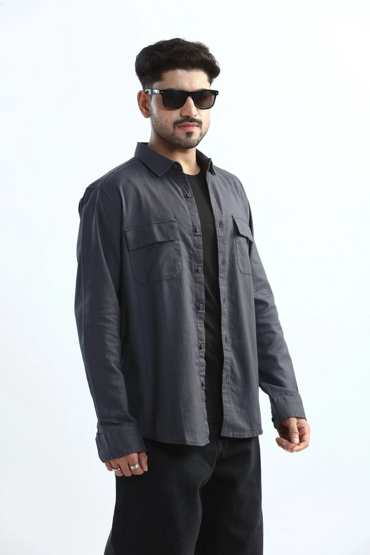 Xkind Dark Grey Textured Regular Fit Shirt/ Overshirt | Grocsy