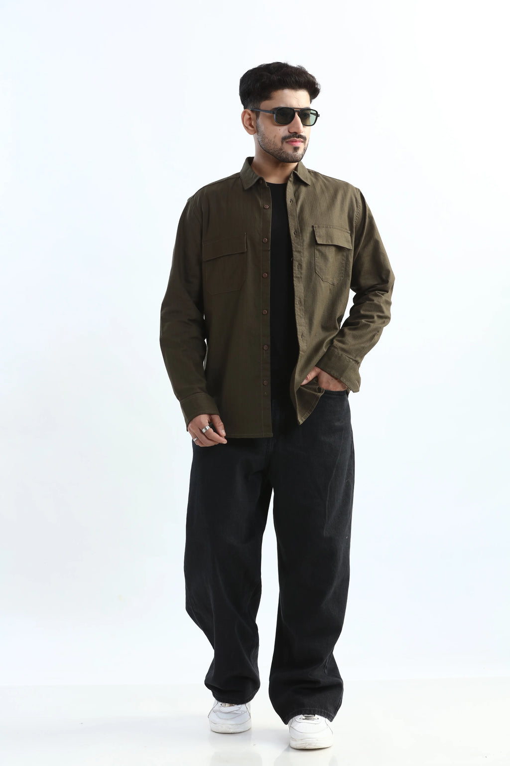 Xkind Dark Olive Green Textured Regular Fit Shirt | Grocsy