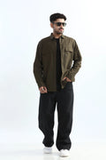 Xkind Dark Olive Green Textured Regular Fit Shirt | Grocsy