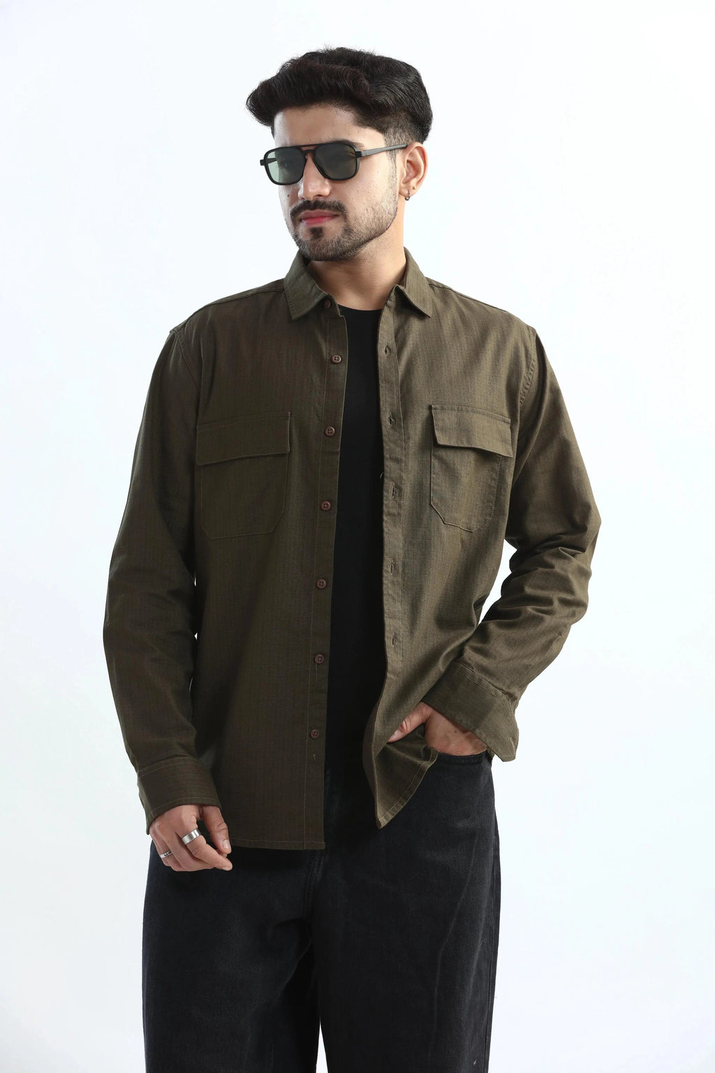 Xkind Dark Olive Green Textured Regular Fit Shirt | Grocsy