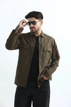 Xkind Dark Olive Green Textured Regular Fit Shirt | Grocsy