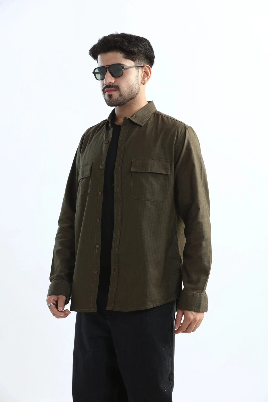 Xkind Dark Olive Green Textured Regular Fit Shirt | Grocsy