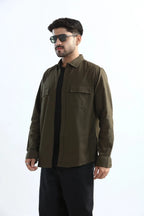 Xkind Dark Olive Green Textured Regular Fit Shirt | Grocsy