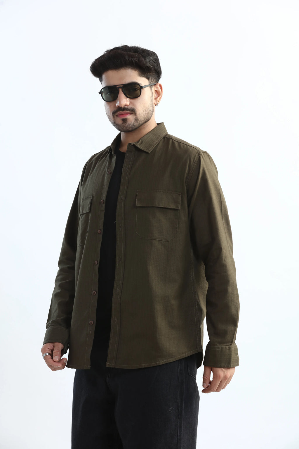 Xkind Dark Olive Green Textured Regular Fit Shirt | Grocsy