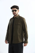 Xkind Dark Olive Green Textured Regular Fit Shirt | Grocsy